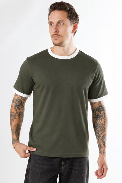 Selected Taj Ringer Mid Peach O-Neck Tee Forest Night