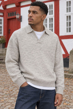 Jack & Jones Soho Ollie Knit Split Neck Light Grey Melange