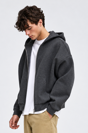 Only & Sons Goyle Boxy Ls Scuba Zip Hoodie Dark Grey Melange