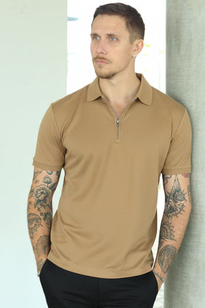 Selected Fave Zip Polo Ss Savannah Tan