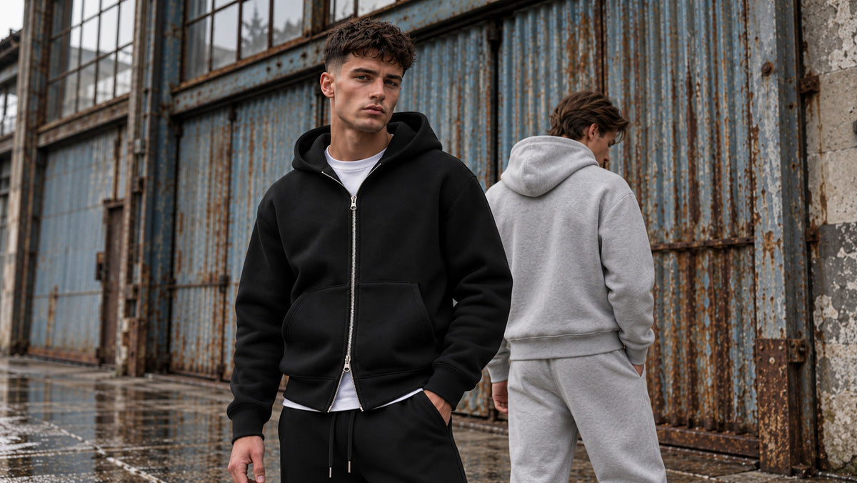 Deux hommes en sweat à capuche et pantalon de jogging Jack & Jones Legacy Scuba noir et gris clair