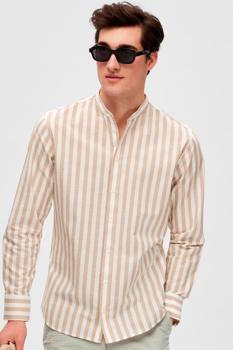 Selected SLHSLIMNEW-LINEN SHIRT LS BAND W Kelp Stripes